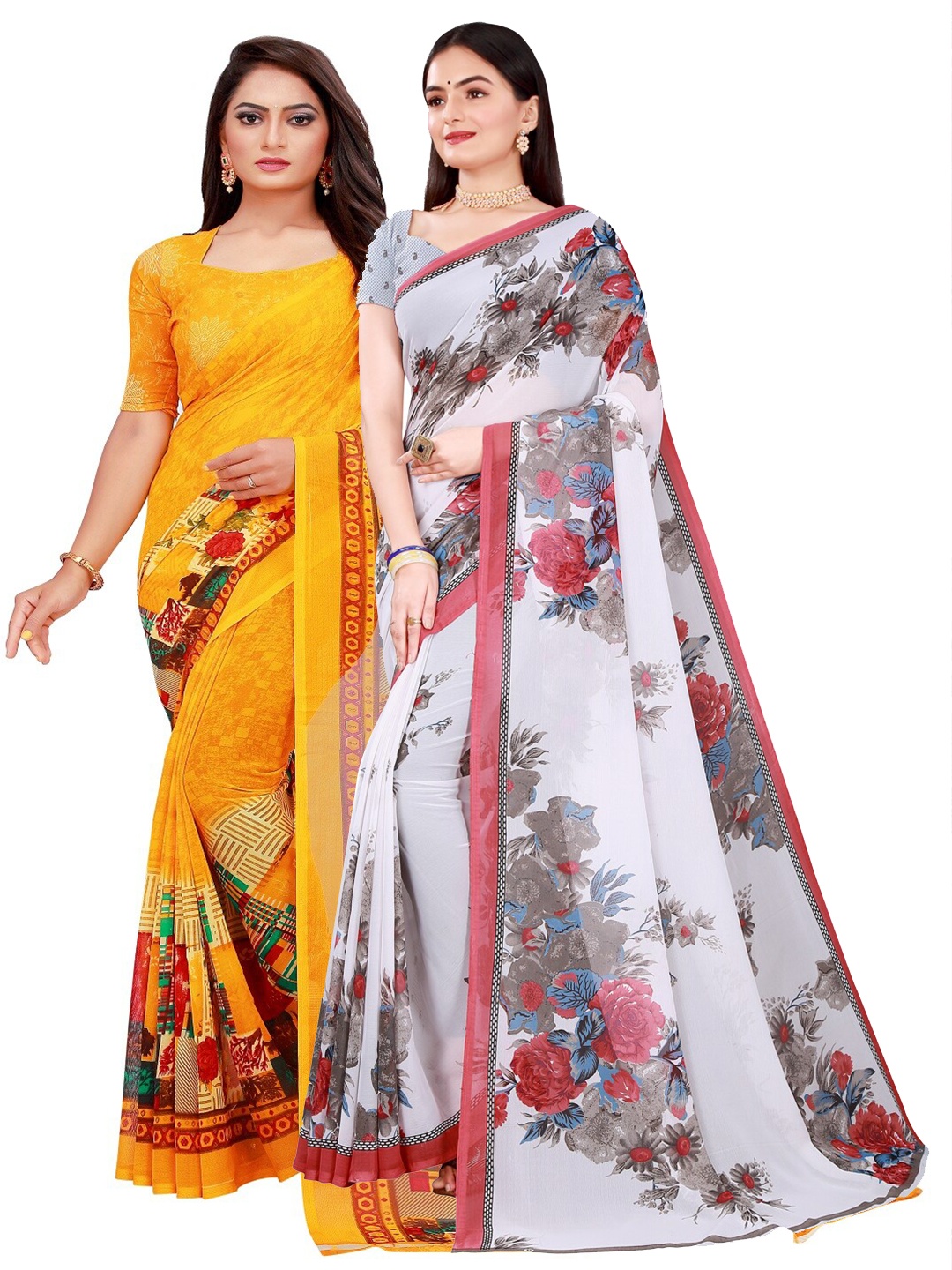 

SAADHVI Yellow & White Floral Printed Pure Georgette Saree Pack Of 2