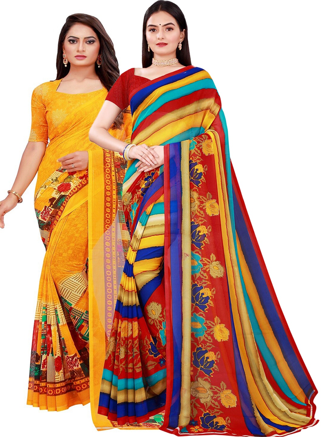 

SAADHVI Yellow & Red Printed Pure Georgette Saree Pack Of 2
