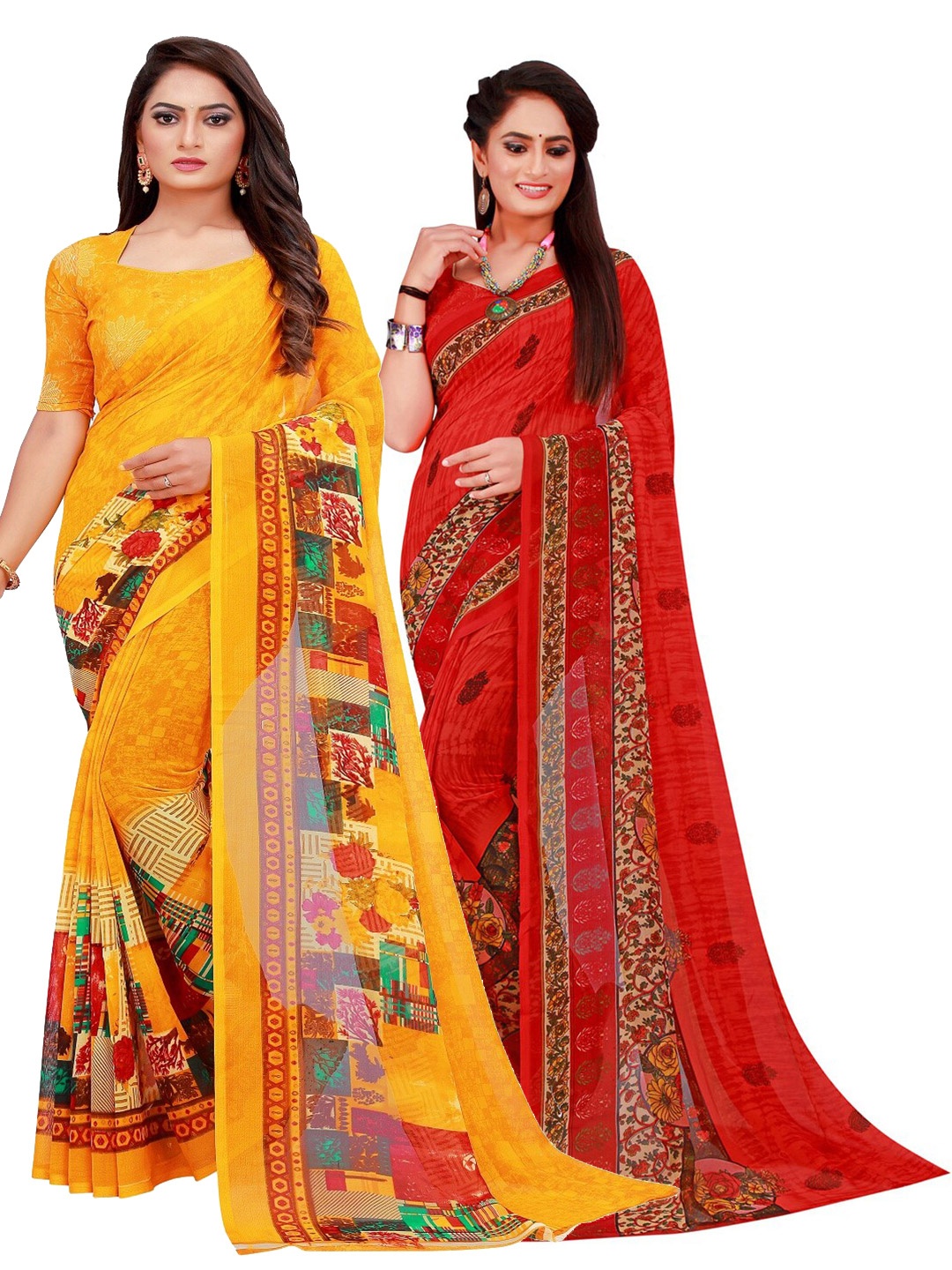 

SAADHVI Yellow & Red Set Of 2 Floral Pure Georgette Saree