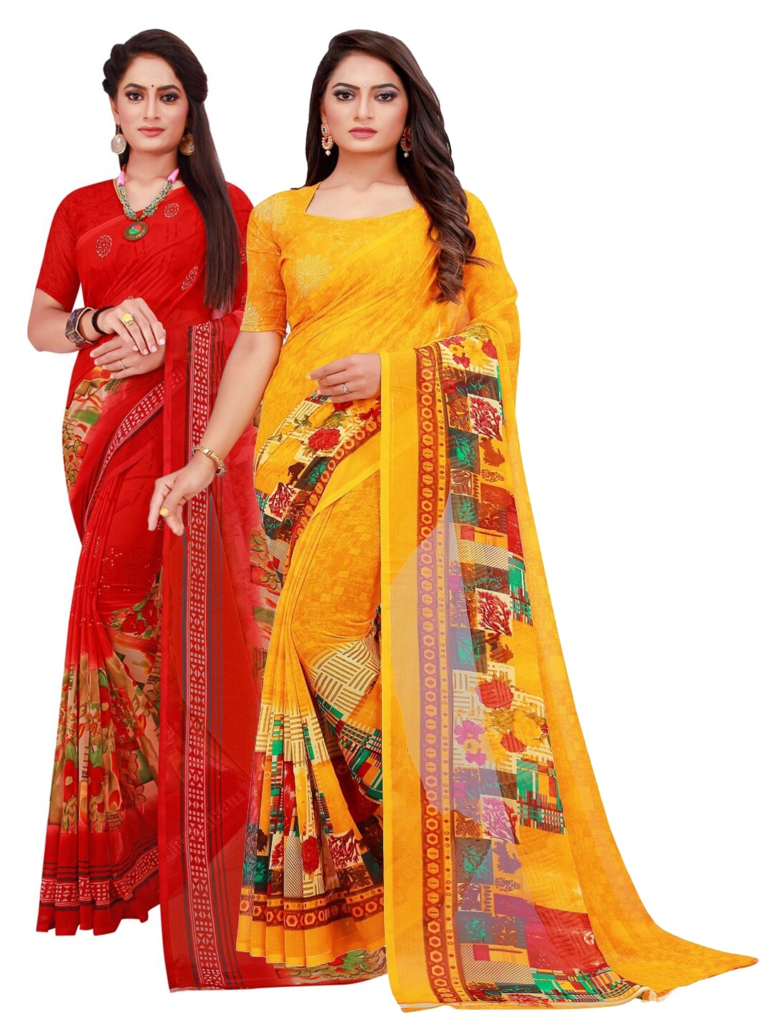 

SAADHVI Red & Yellow Set of 2 Floral Printed Georgette Saree