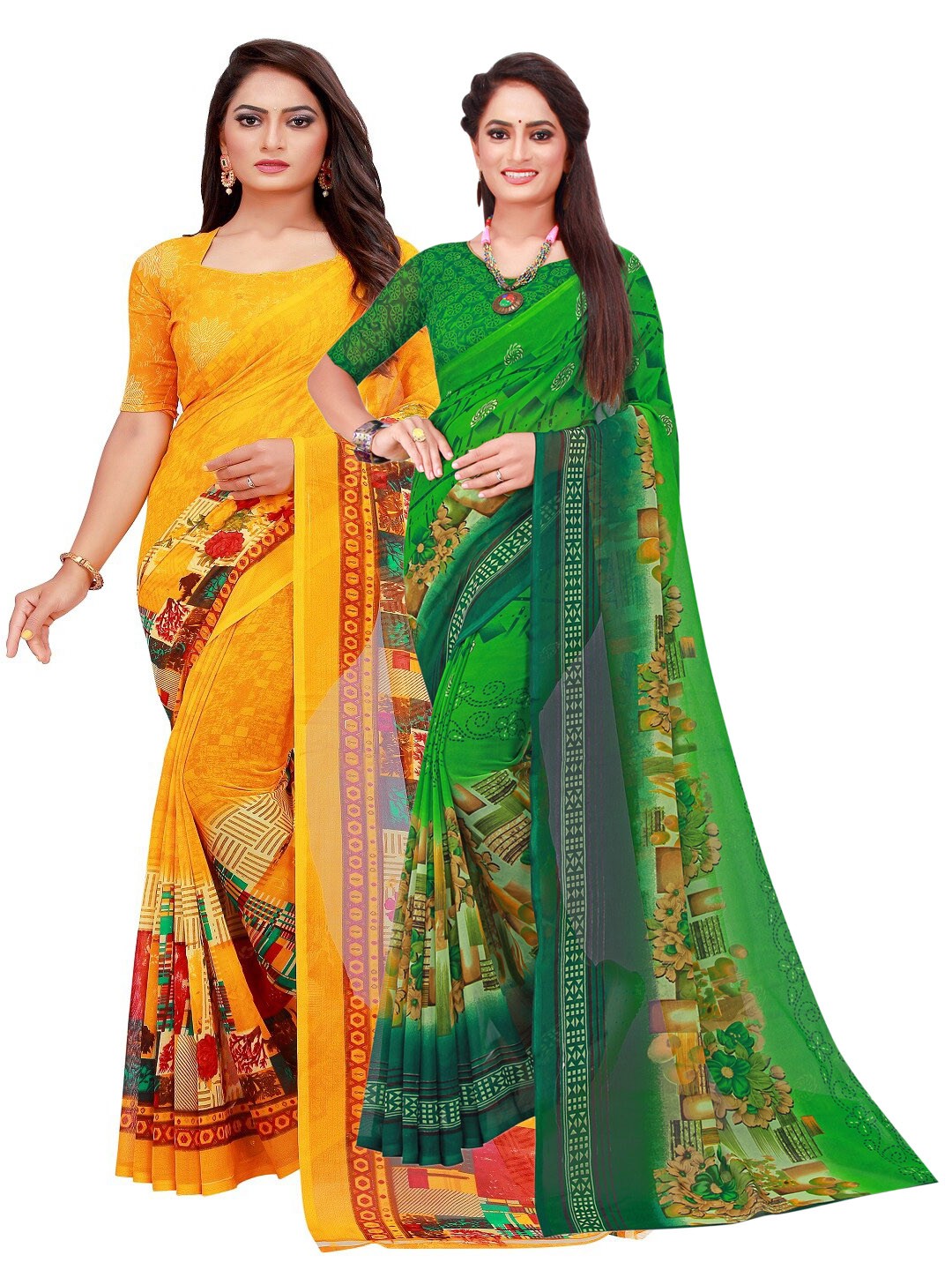 

SAADHVI Yellow & Green Floral Printed Pure Georgette Saree Pack Of 2