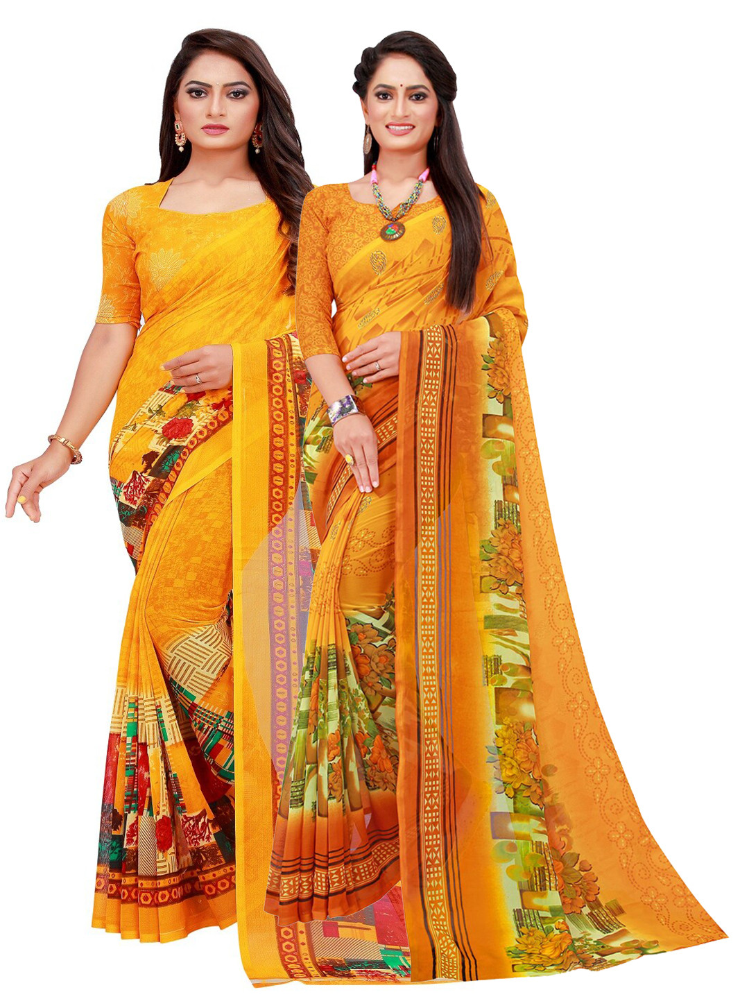 

SAADHVI Yellow Printed Pure Georgette Saree Pack Of 2
