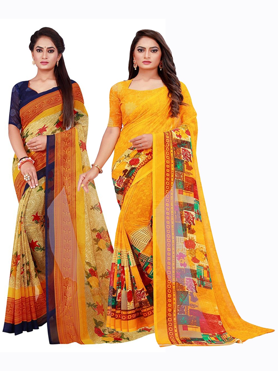 

SAADHVI Yellow & Beige Printed Pure Georgette Saree Pack Of 2