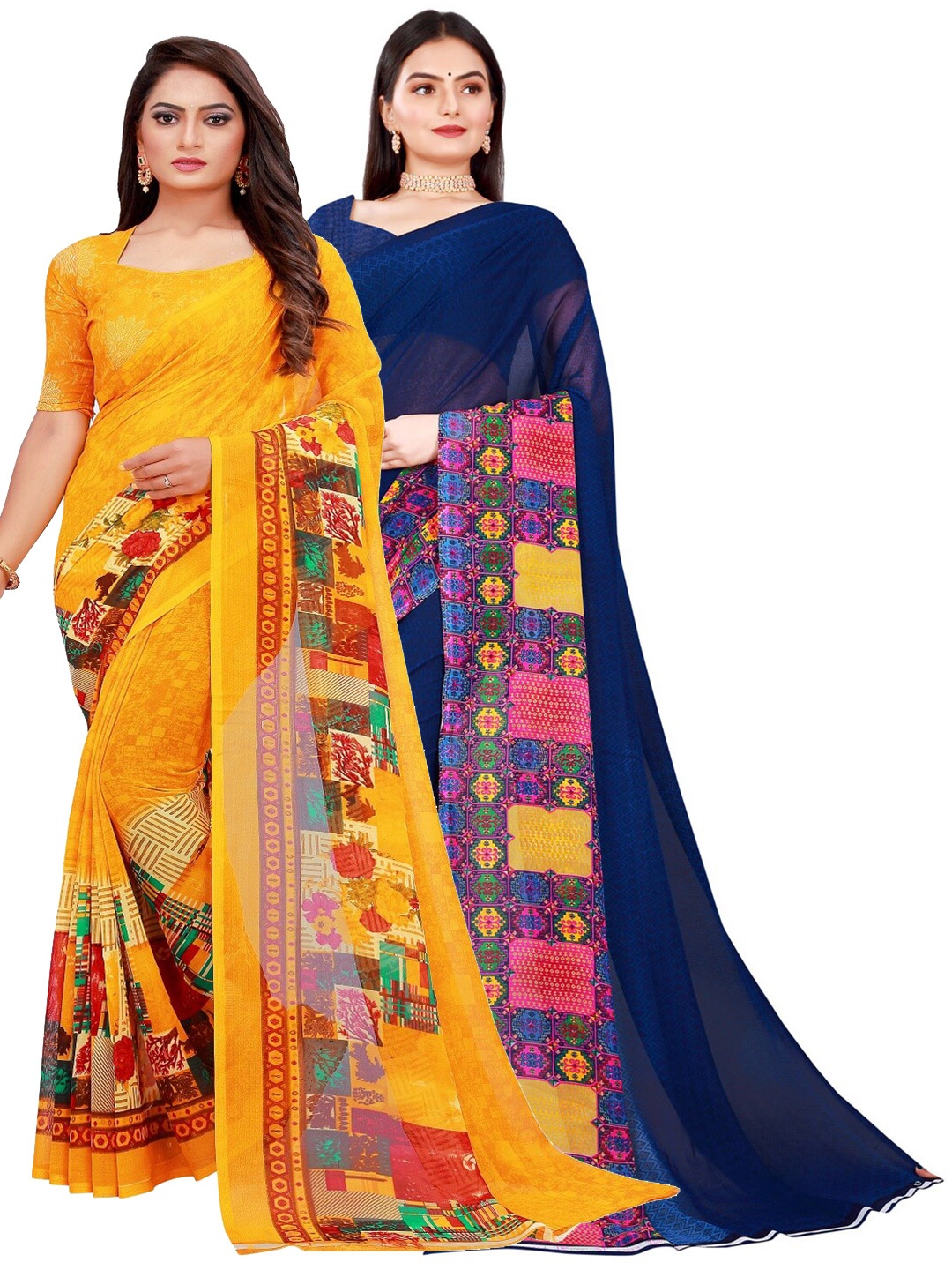 

SAADHVI Yellow & Blue Printed Pure Georgette Saree Pack Of 2