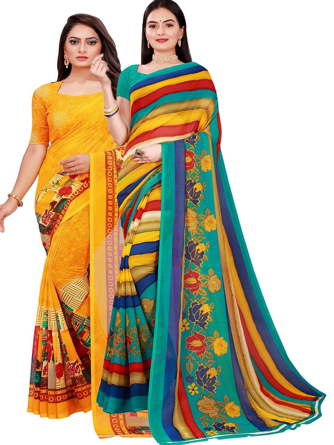 

SAADHVI Yellow & Green Printed Pure Georgette Saree Pack Of 2