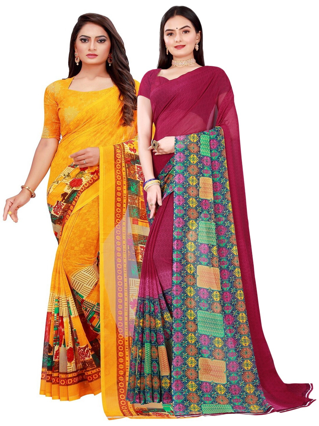 

SAADHVI Yellow & Maroon Set of 2 Floral Printed Georgette Saree