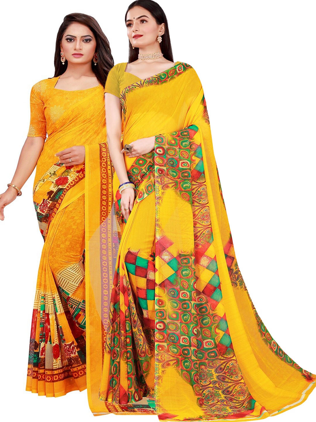 

SAADHVI Yellow & Green Set Of 2 Floral Pure Georgette Saree