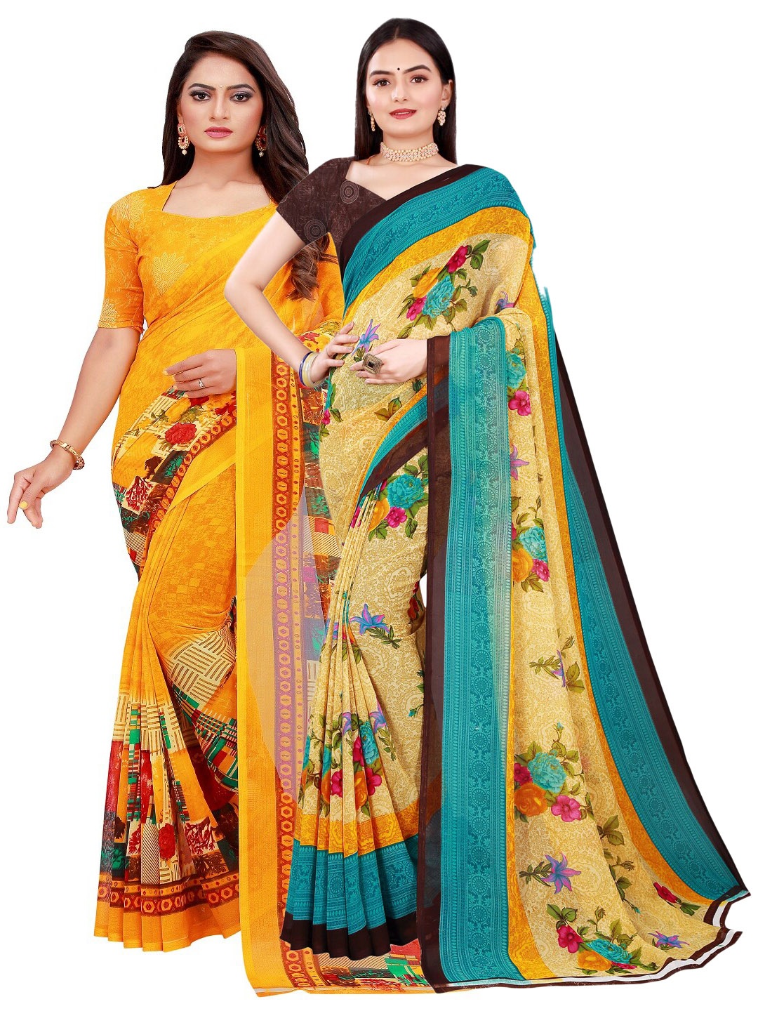 

SAADHVI Yellow & Beige Printed Pure Georgette Saree Pack Of 2
