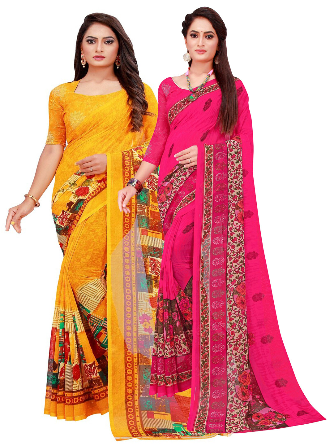 

SAADHVI Yellow & Magenta Printed Pure Georgette Saree Pack Of 2