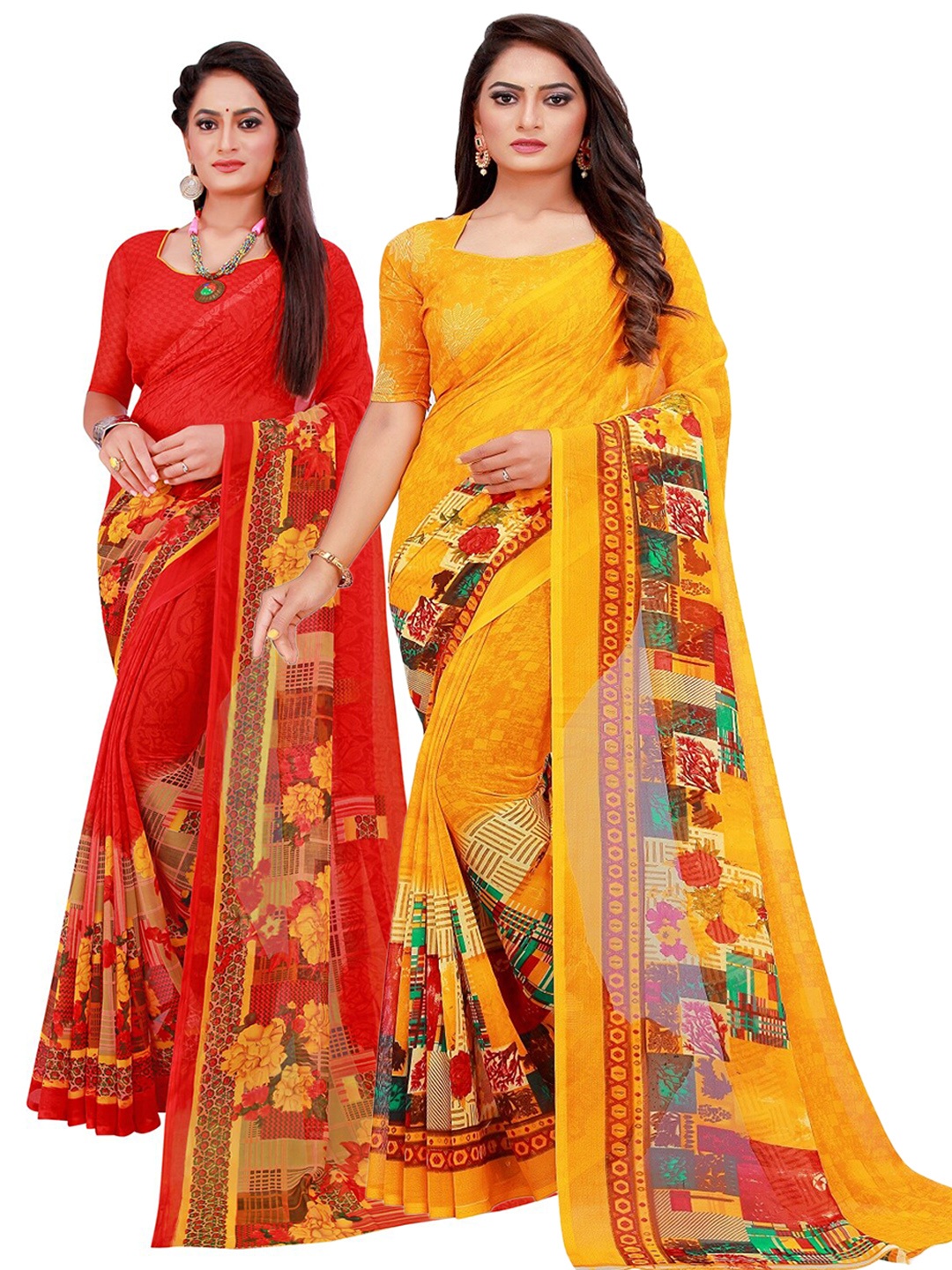

SAADHVI Red & Yellow Set of 2 Floral Printed Georgette Saree