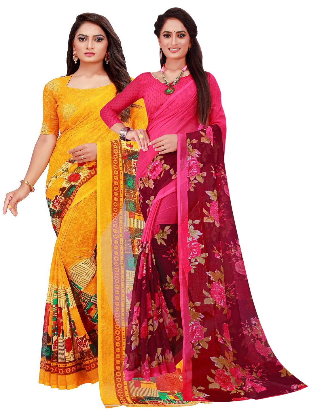 

SAADHVI Yellow & Magenta Floral Printed Pure Georgette Saree Pack Of 2