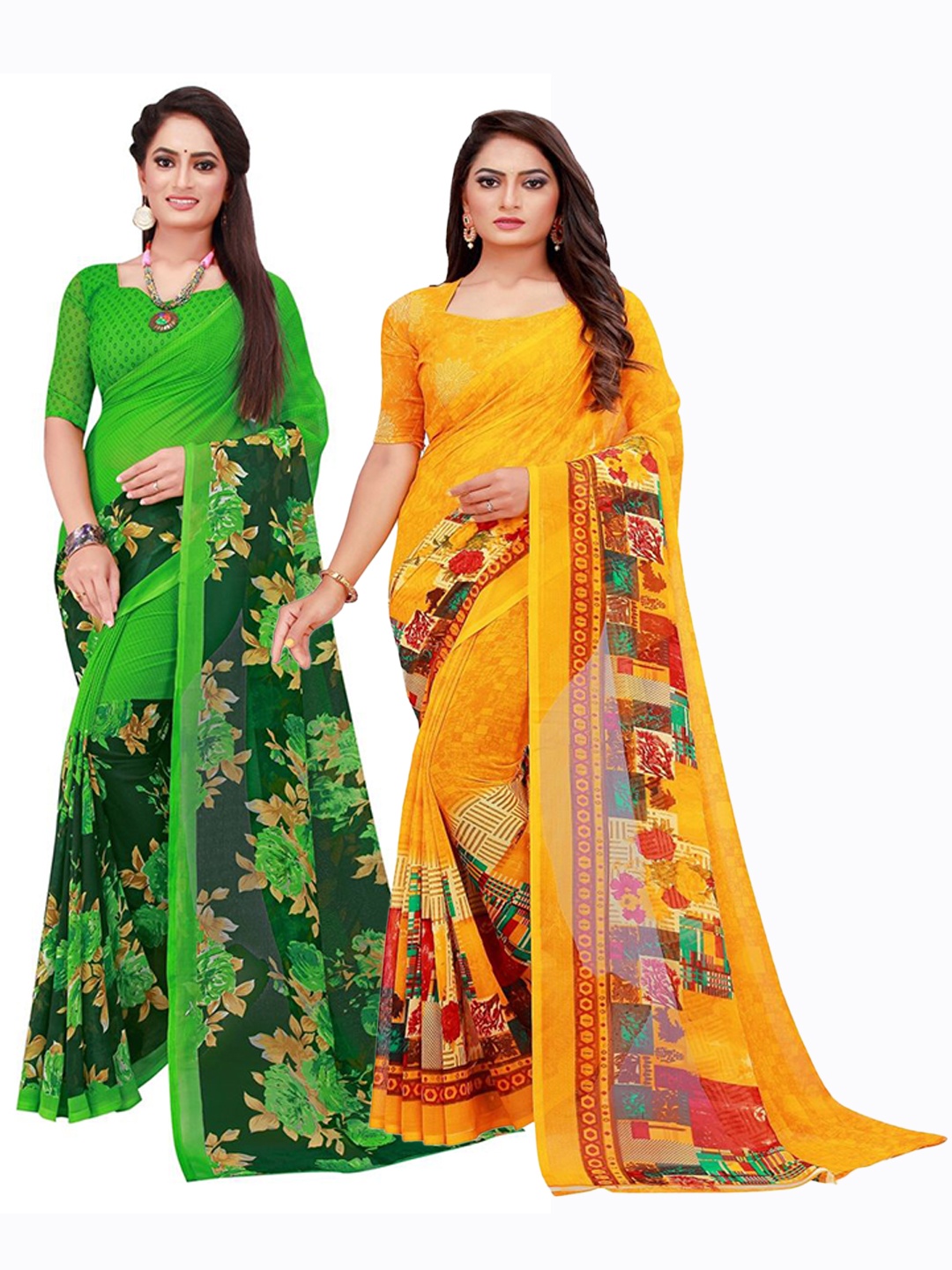 

SAADHVI Yellow & Green Set Of 2 Floral Pure Georgette Saree