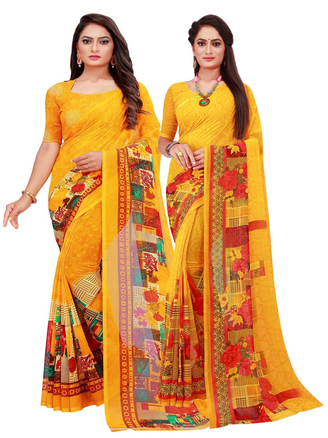 

SAADHVI Yellow & Red Set Of 2 Floral Pure Georgette Saree