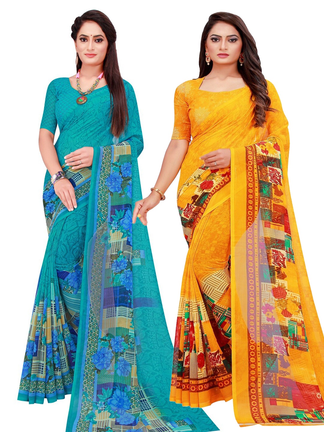 

SAADHVI Turquoise Blue & Yellow Printed Pure Georgette Saree Pack Of 2