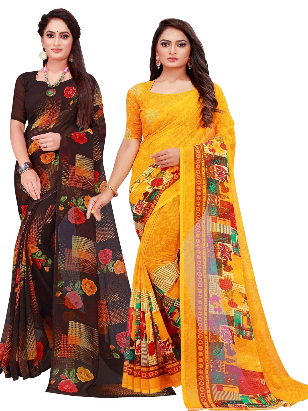 

SAADHVI Yellow & Black Set of 2 Printed Georgette Saree