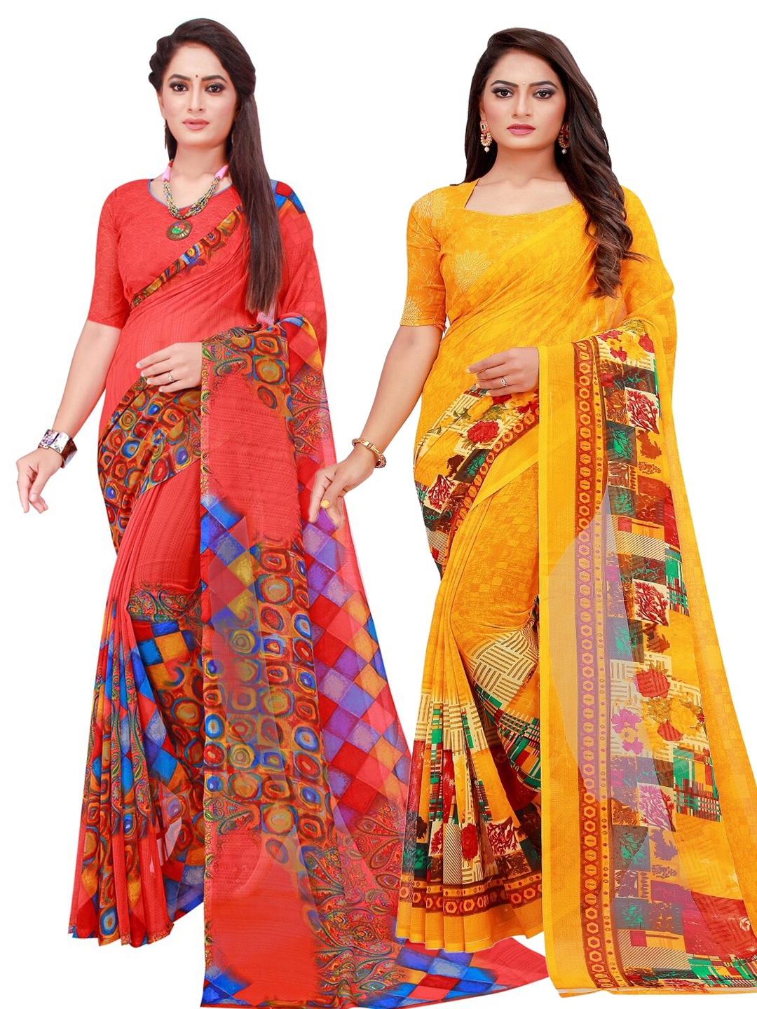 

SAADHVI Red & Yellow Set Of 2 Floral Pure Georgette Saree