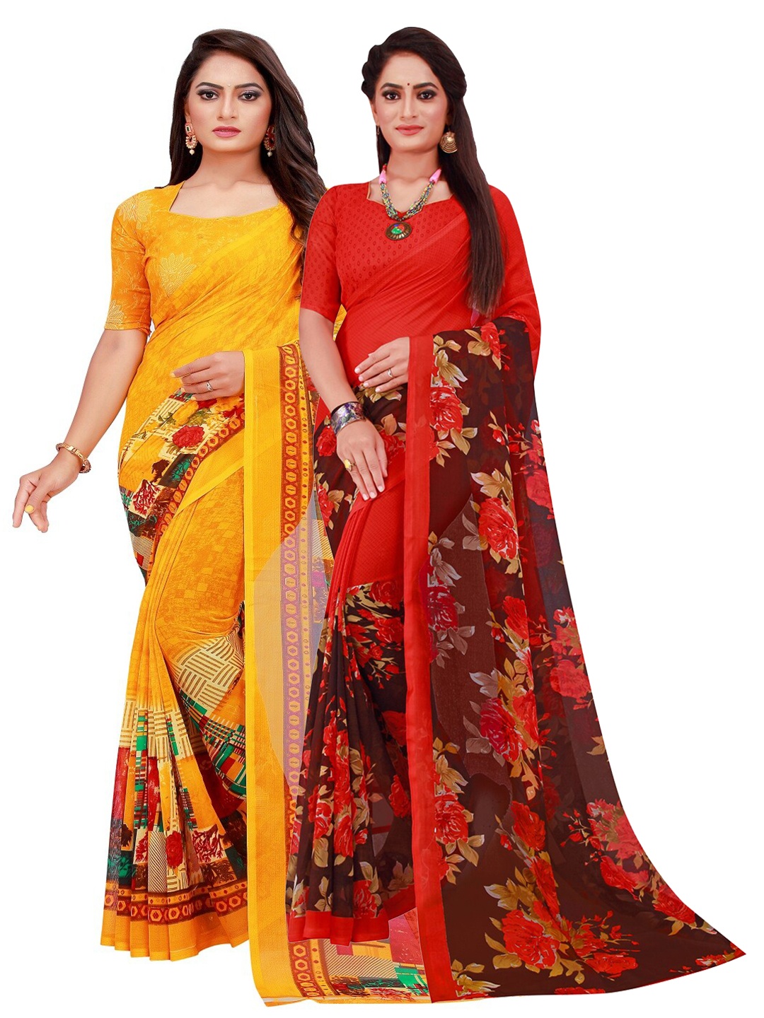 

SAADHVI Yellow & Red Set of 2 Printed Georgette Saree