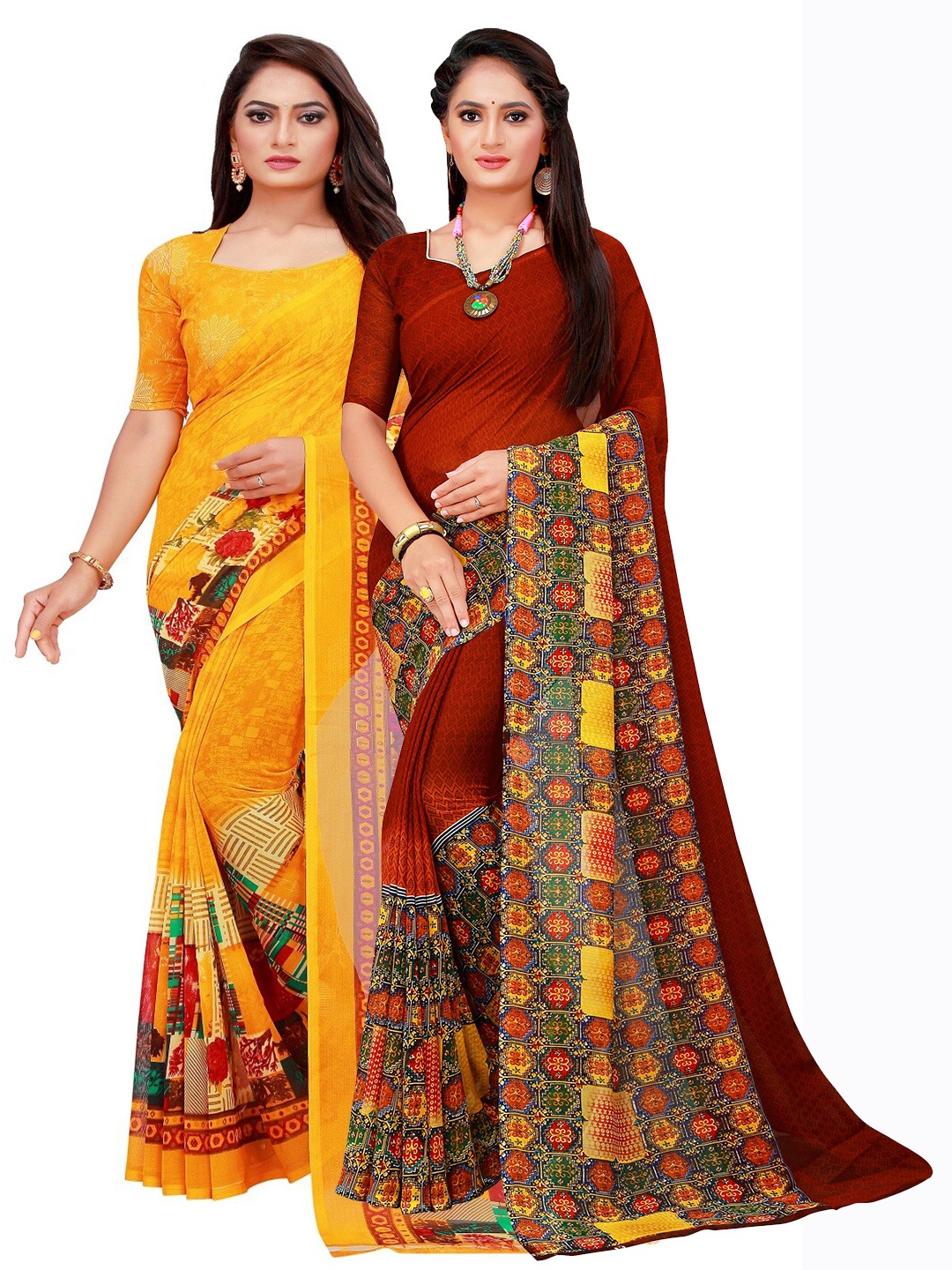 

SAADHVI Yellow & Maroon Printed Pure Georgette Saree Pack Of 2