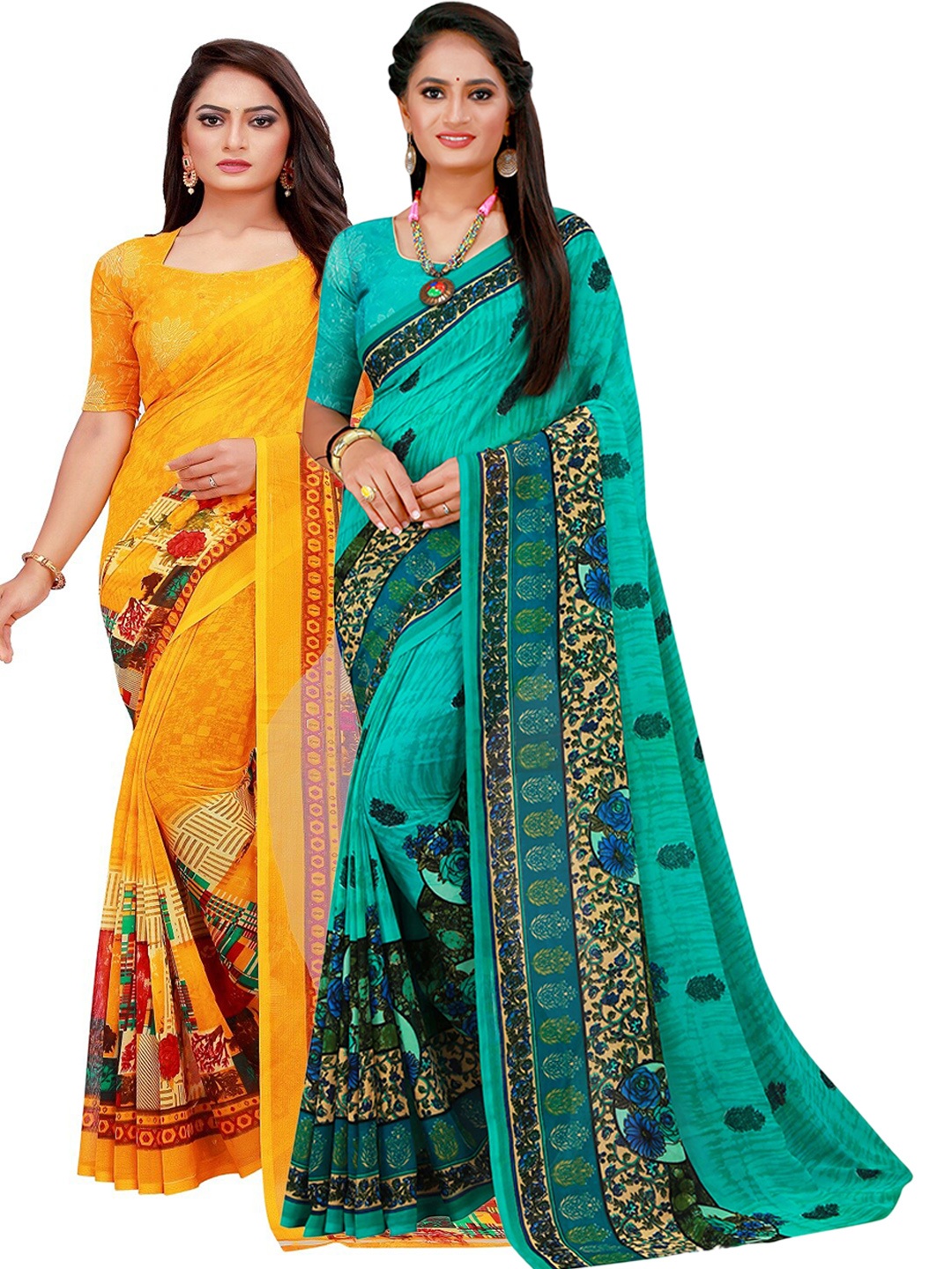 

SAADHVI Yellow & Turquoise Blue Set Of 2 Floral Pure Georgette Saree