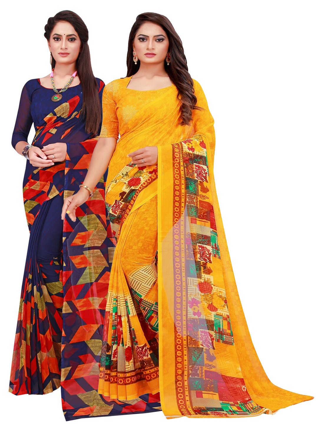 

SAADHVI Navy Blue & Yellow Set of 2 Printed Georgette Saree