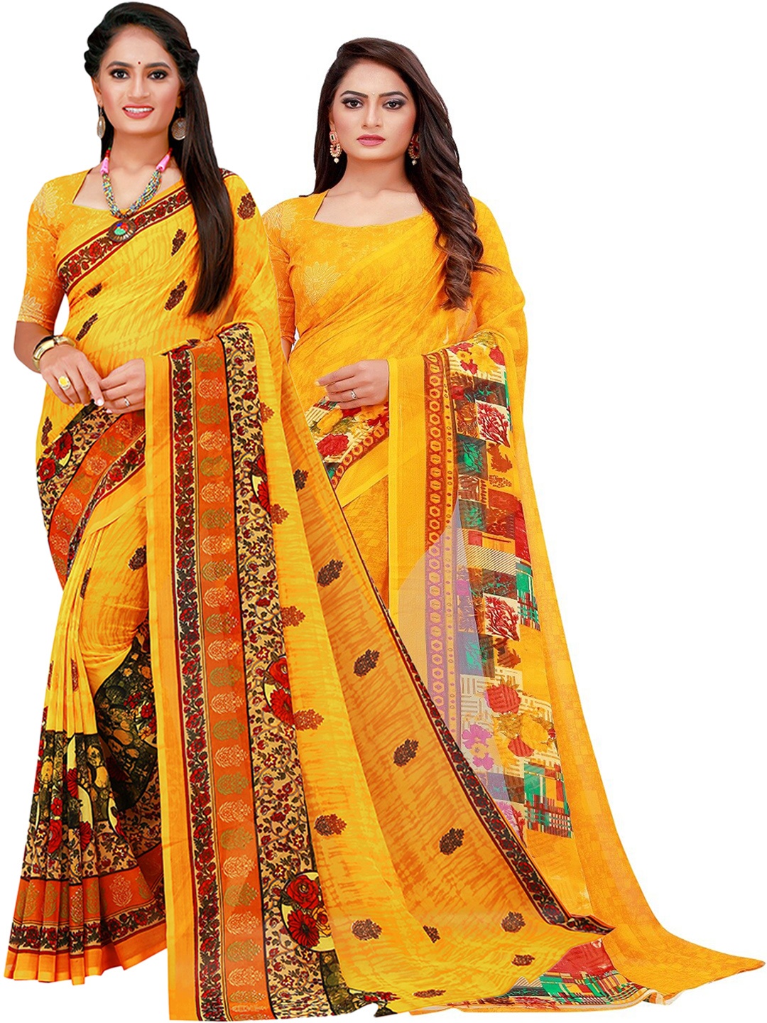 

SAADHVI Yellow Printed Pure Georgette Saree Pack Of 2