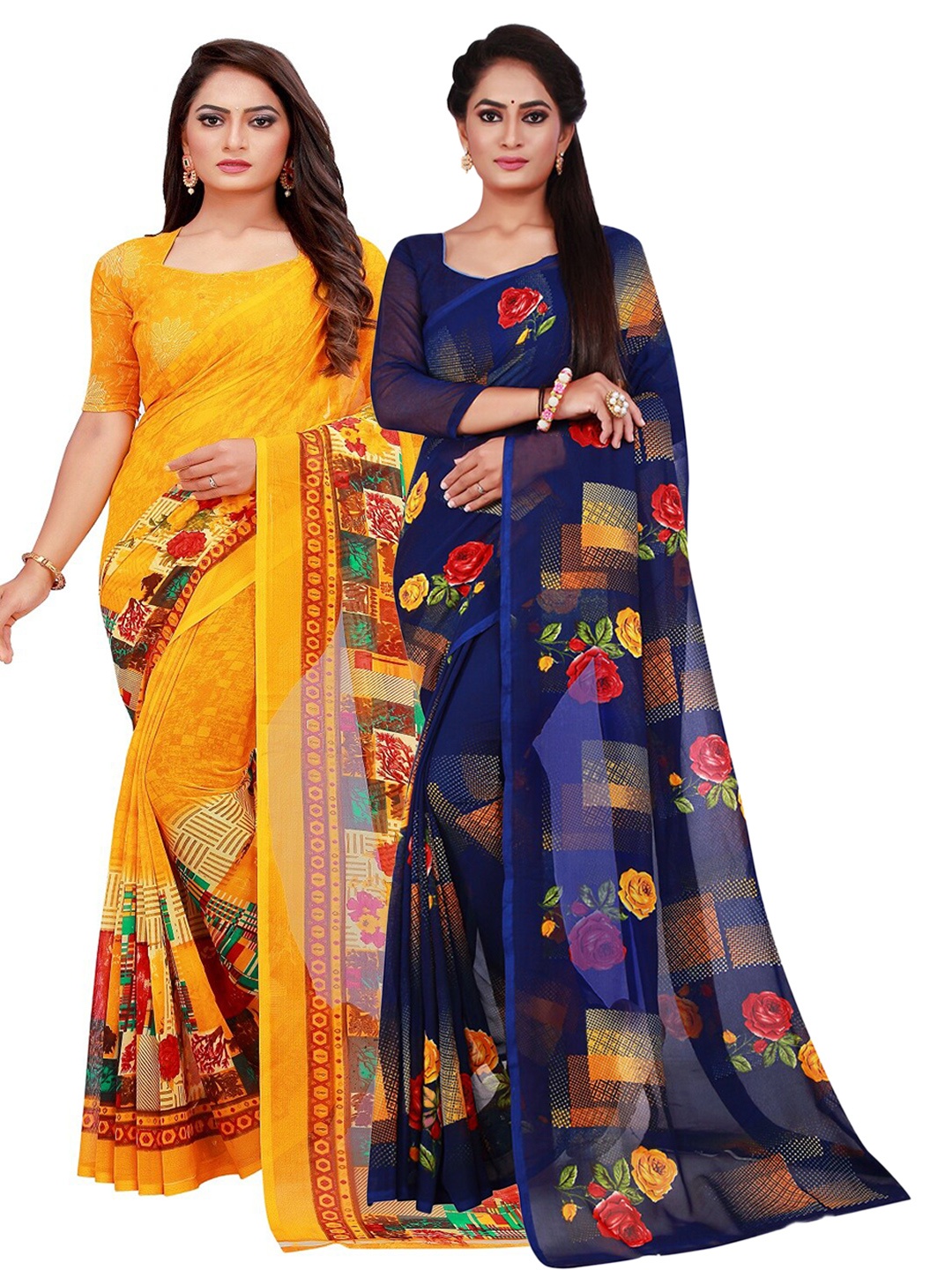 

SAADHVI Yellow & Blue Set of 2 Printed Georgette Saree