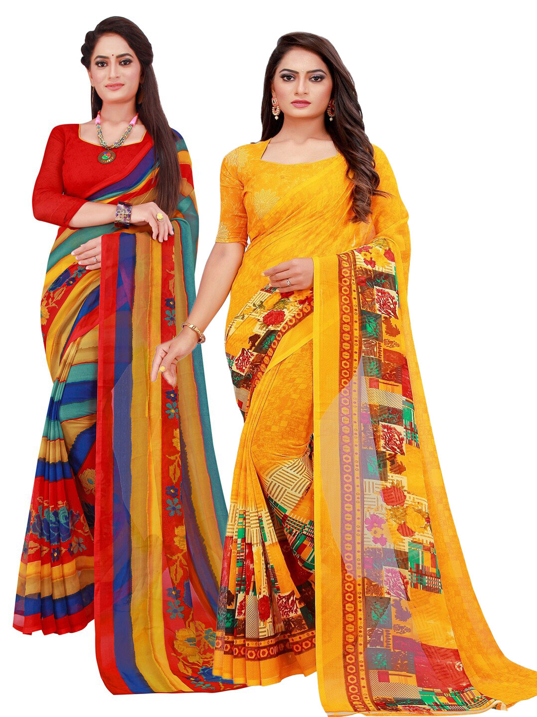 

SAADHVI Yellow & Red Printed Pure Georgette Saree Pack Of 2