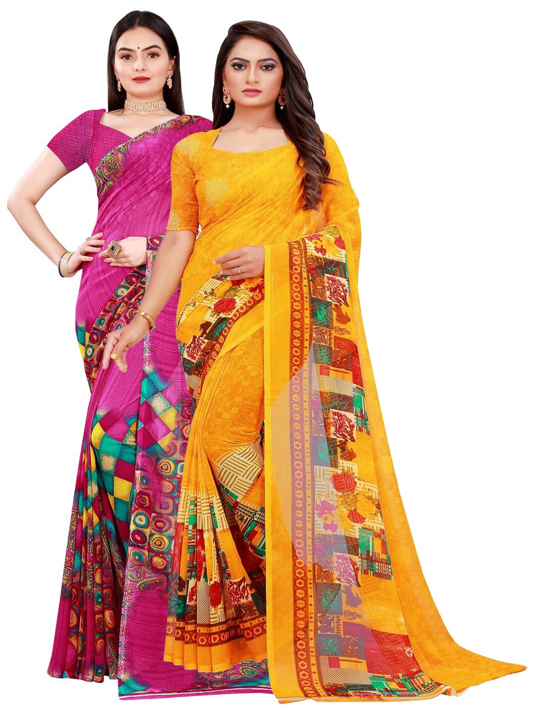 

SAADHVI Magenta & Yellow Printed Pure Georgette Saree Pack Of 2