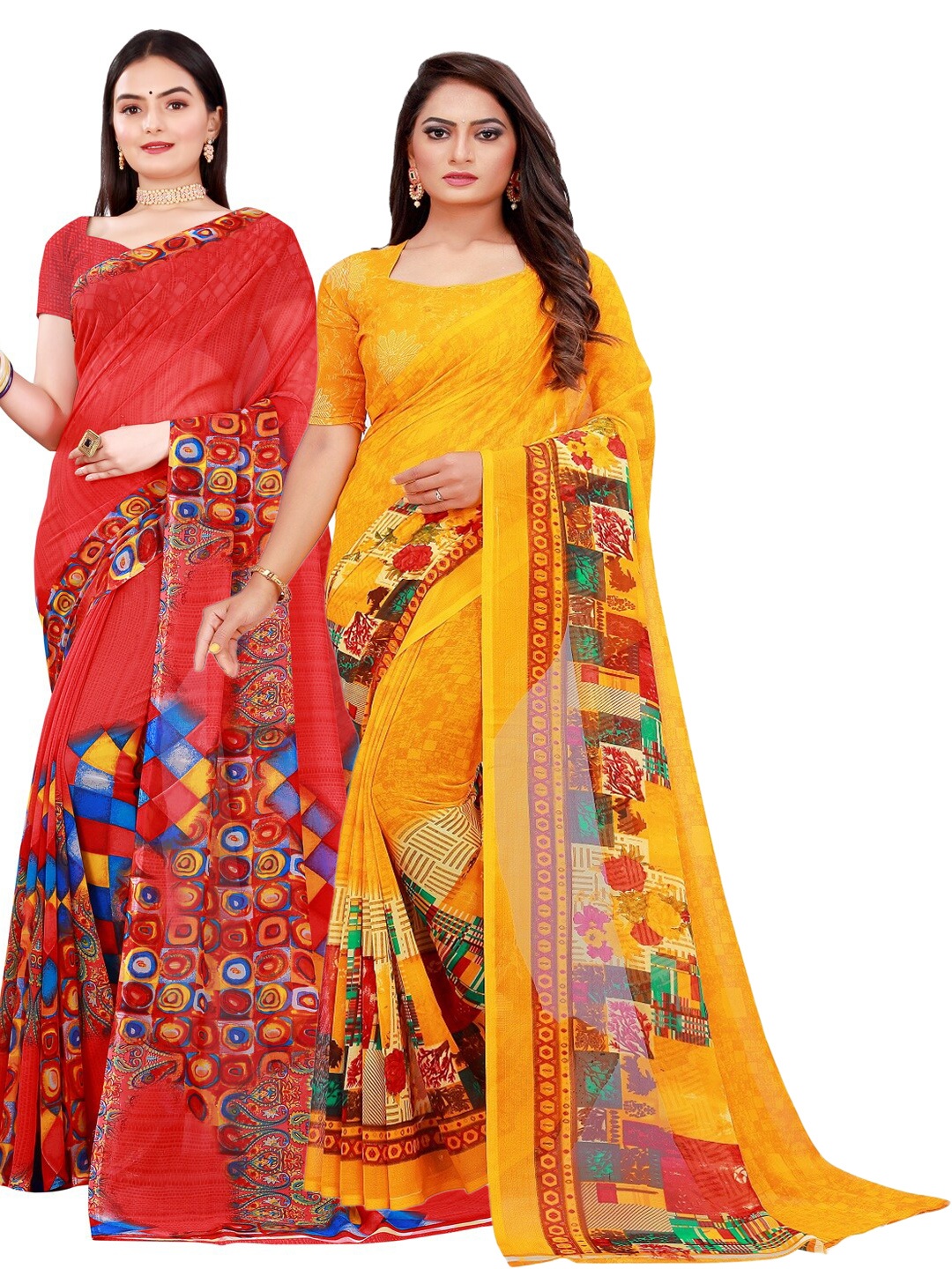 

SAADHVI Red & Yellow Printed Pure Georgette Saree Pack Of 2