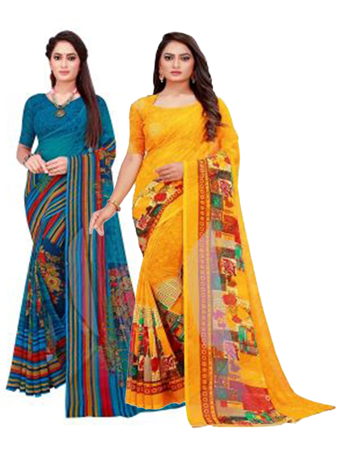 

SAADHVI Yellow & Blue Printed Pure Georgette Saree Pack Of 2