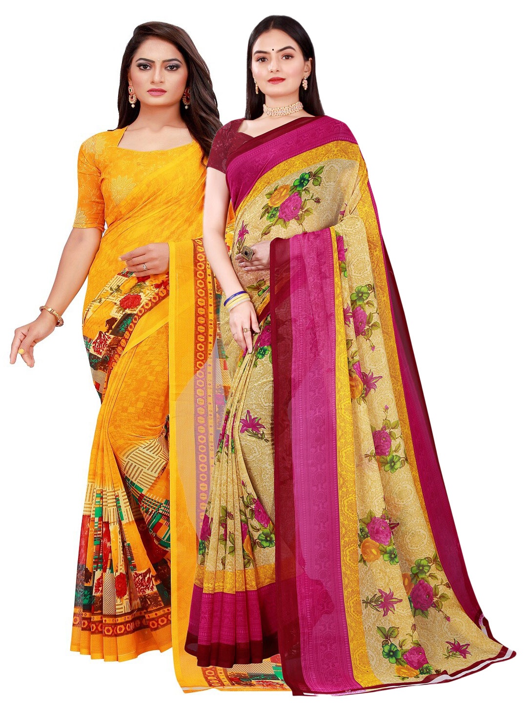 

SAADHVI Beige & Yellow Printed Pure Georgette Saree Pack Of 2