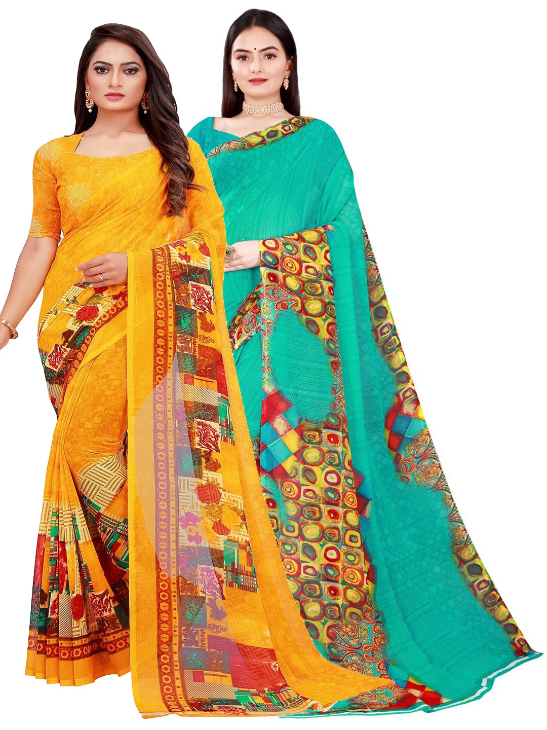 

SAADHVI Yellow & Turquoise Blue Set of 2 Printed Georgette Saree