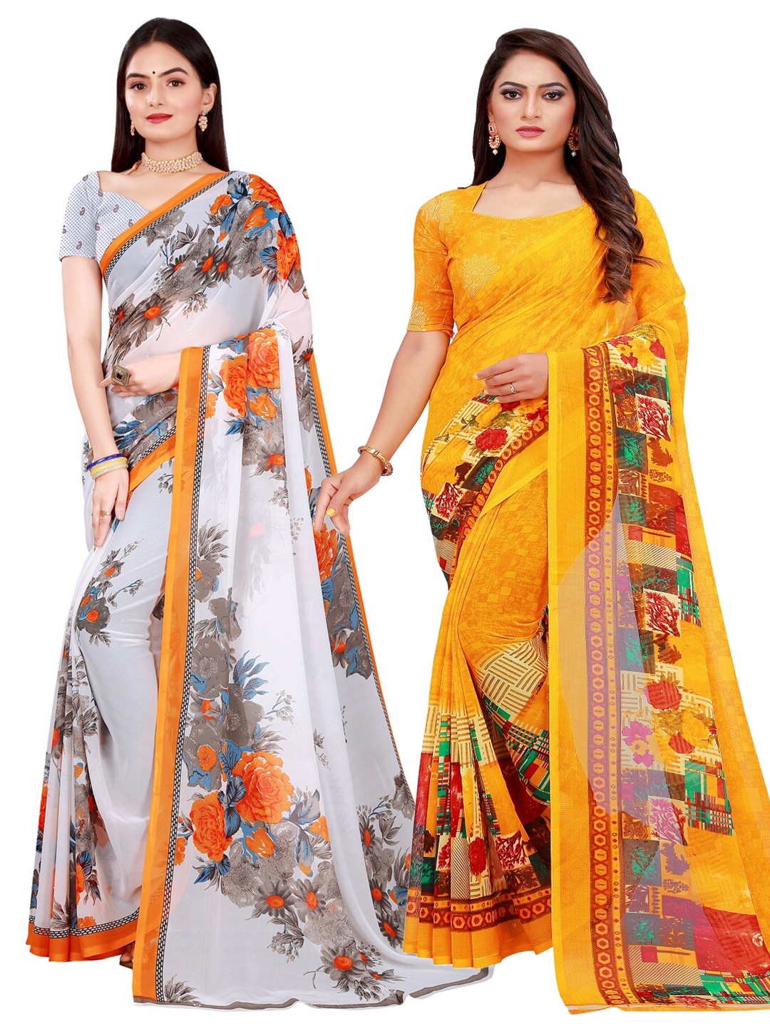 

SAADHVI Yellow & White Floral Printed Pure Georgette Saree Pack Of 2