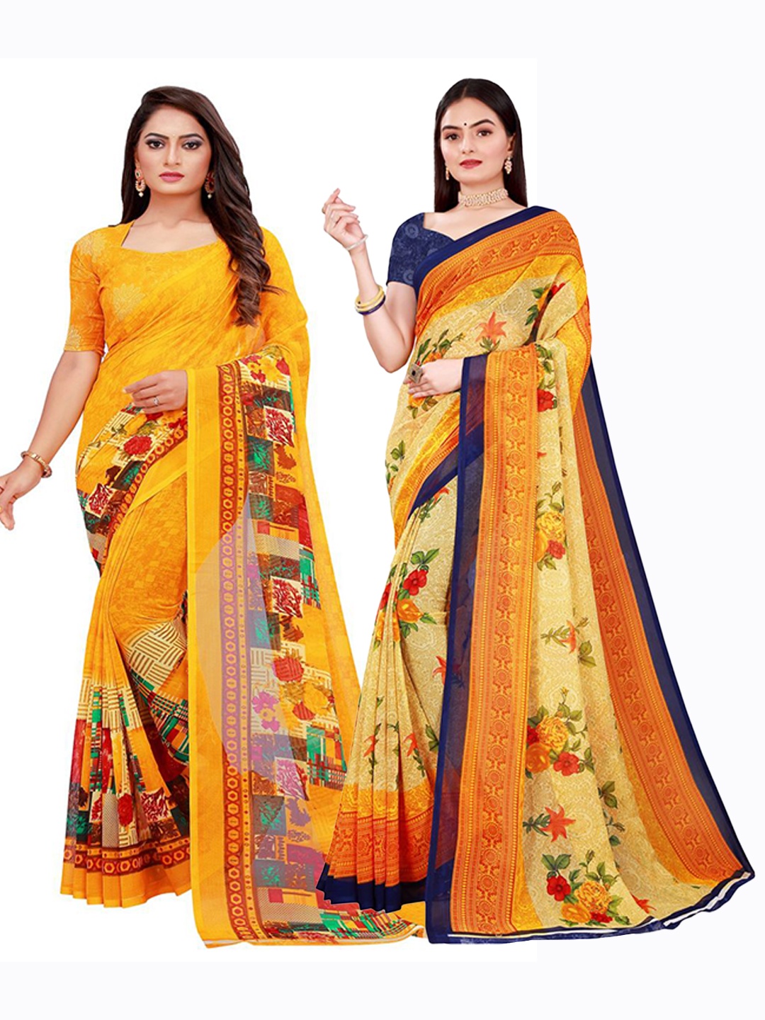 

SAADHVI Beige & Yellow Set of 2 Printed Georgette Saree