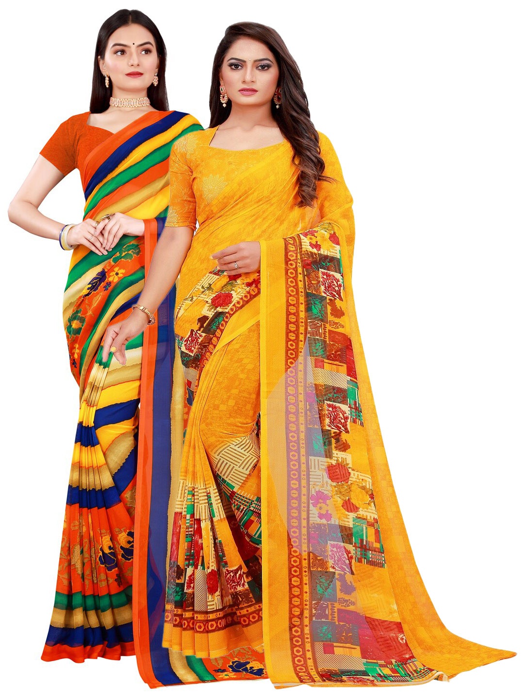 

SAADHVI Yellow & Green Set Of 2 Floral Pure Georgette Saree