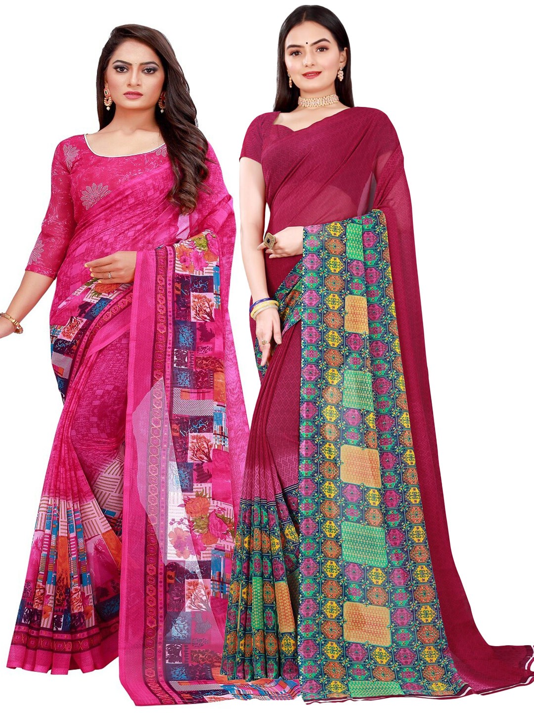 

SAADHVI Magenta & Maroon Set Of 2 Pure Georgette Saree