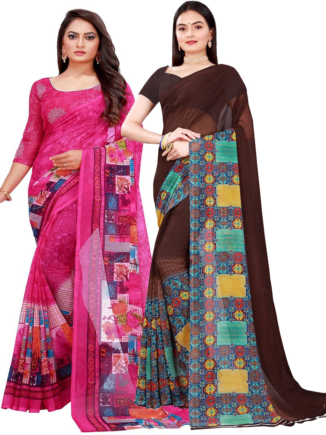 

SAADHVI Brown & Magenta Set of 2 Printed Georgette Saree