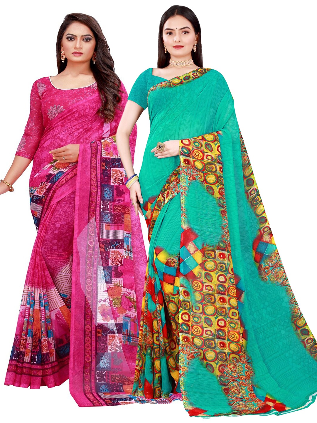 SAADHVI Magenta & Green Printed Pure Georgette Saree Pack Of 2