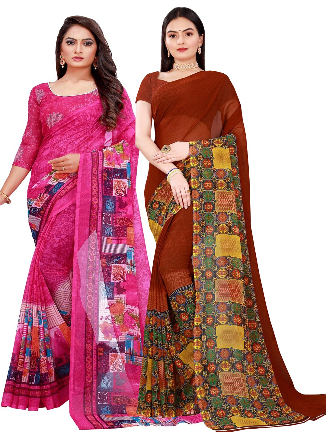 

SAADHVI Magenta & Maroon Printed Pure Georgette Saree Pack Of 2