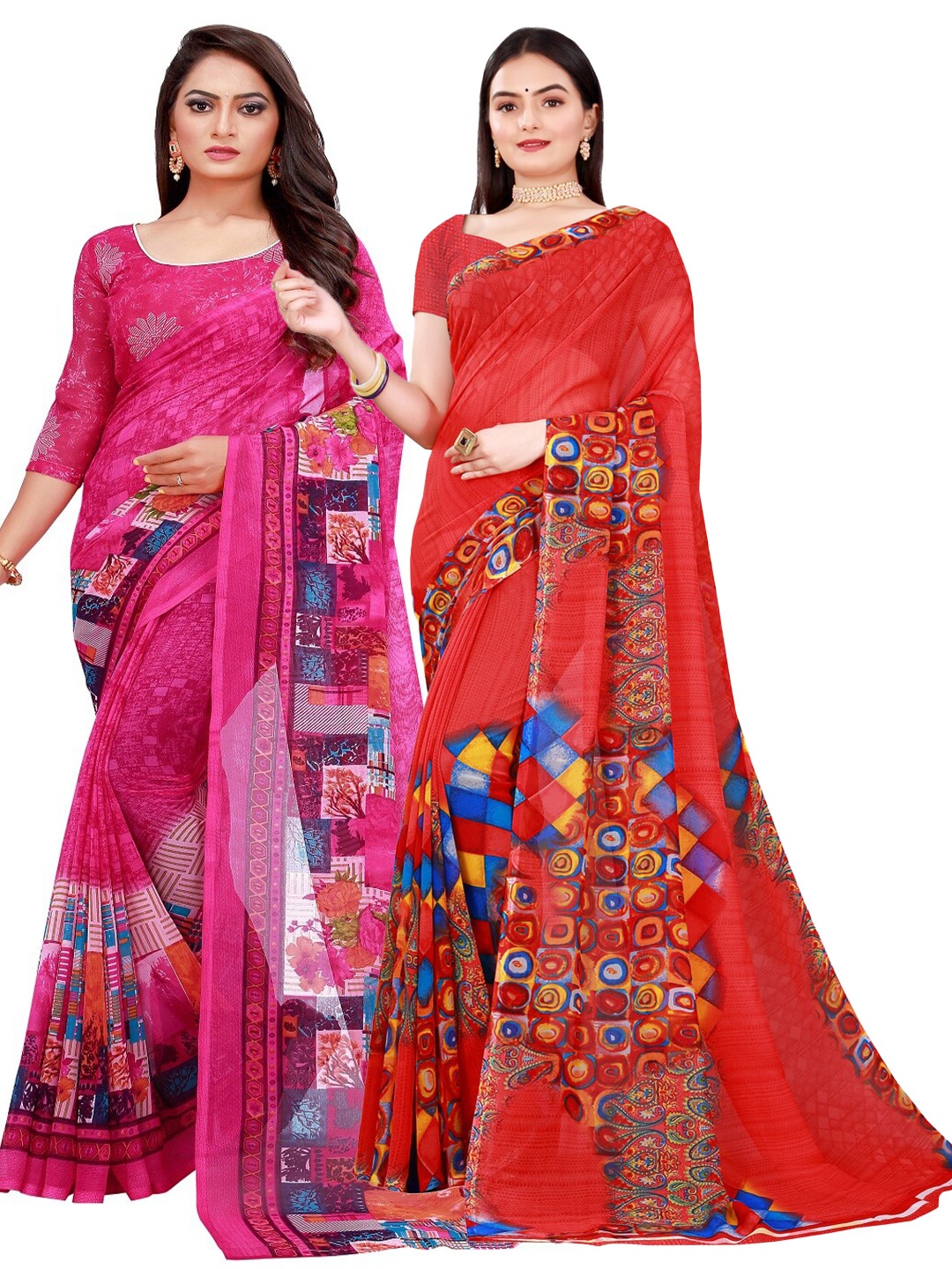 SAADHVI Red & Pink Set Of 2 Floral Pure Georgette Saree