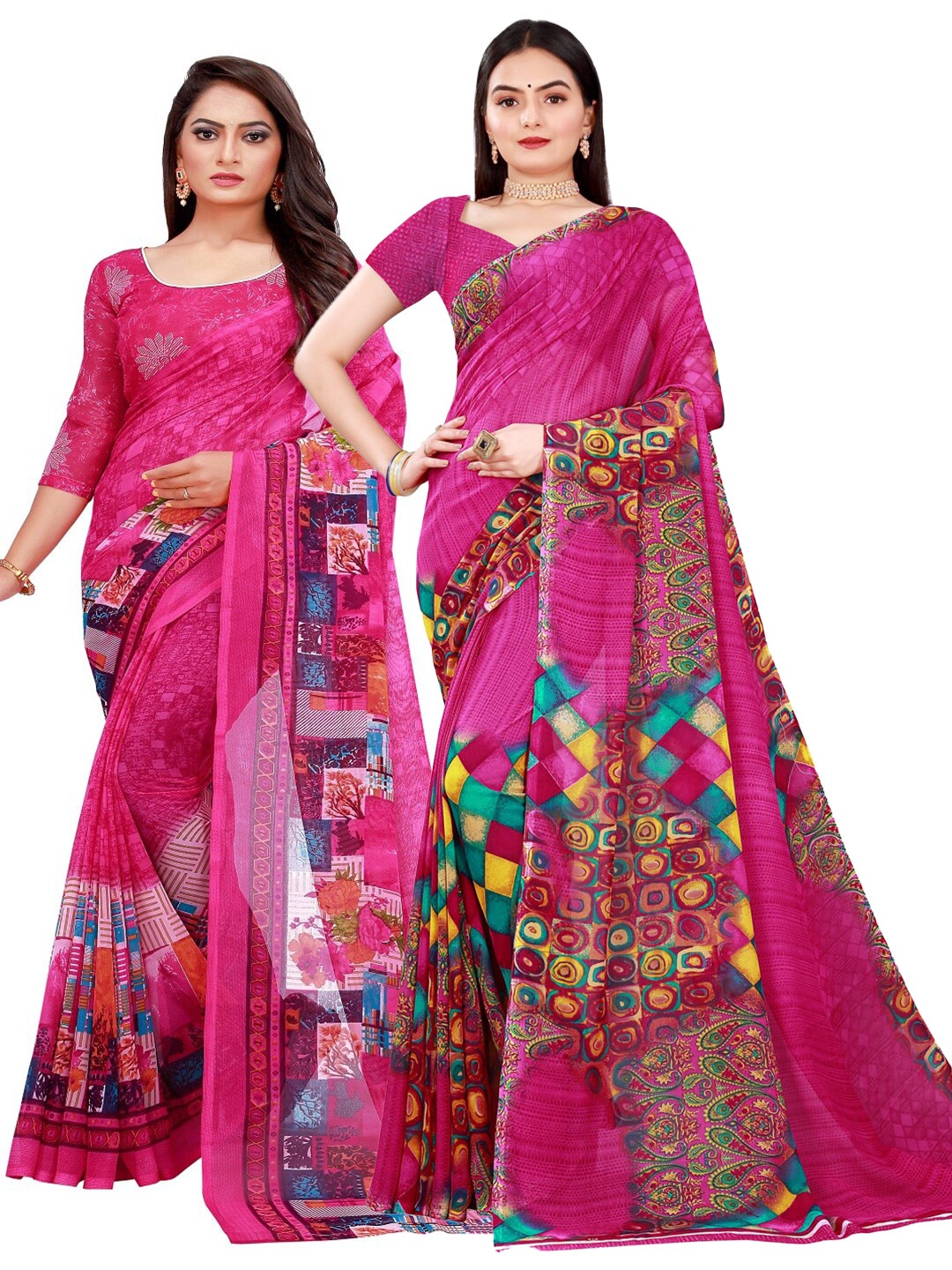 SAADHVI Magenta & Blue Set of 2 Printed Georgette Saree
