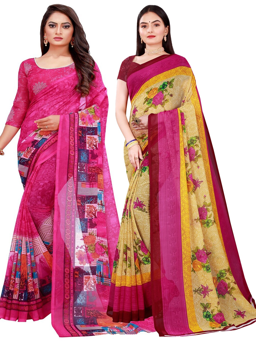 

SAADHVI Beige & Pink Floral Printed Pure Georgette Saree Pack Of 2