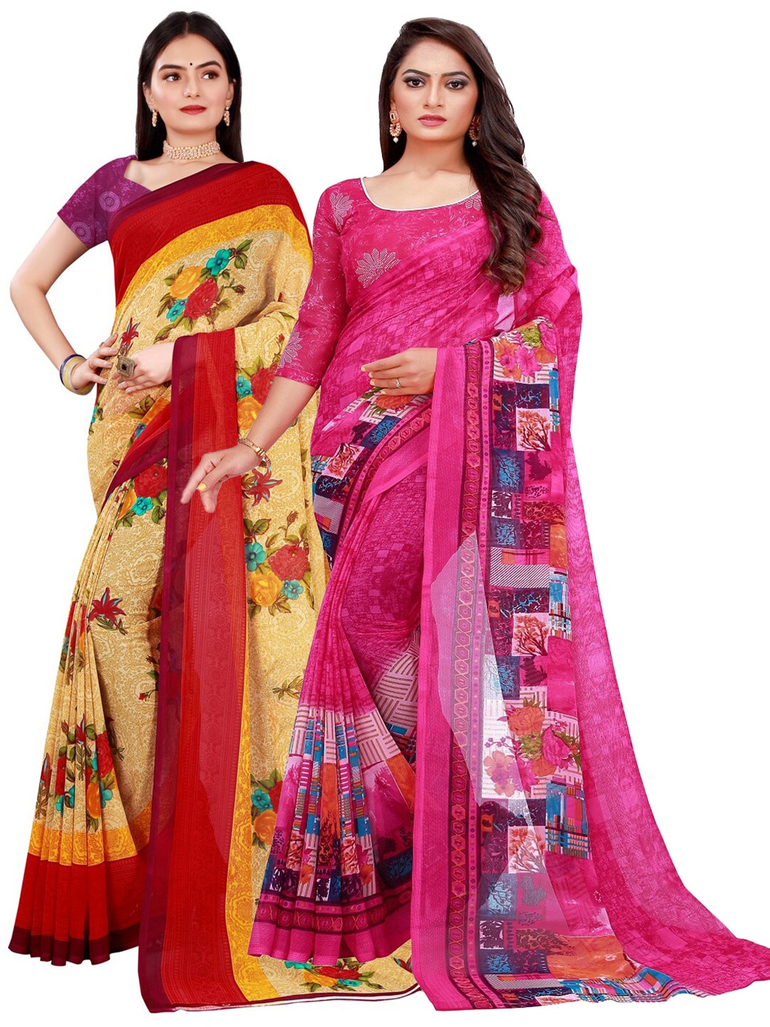 

SAADHVI Beige & Magenta Printed Pure Georgette Saree Pack Of 2