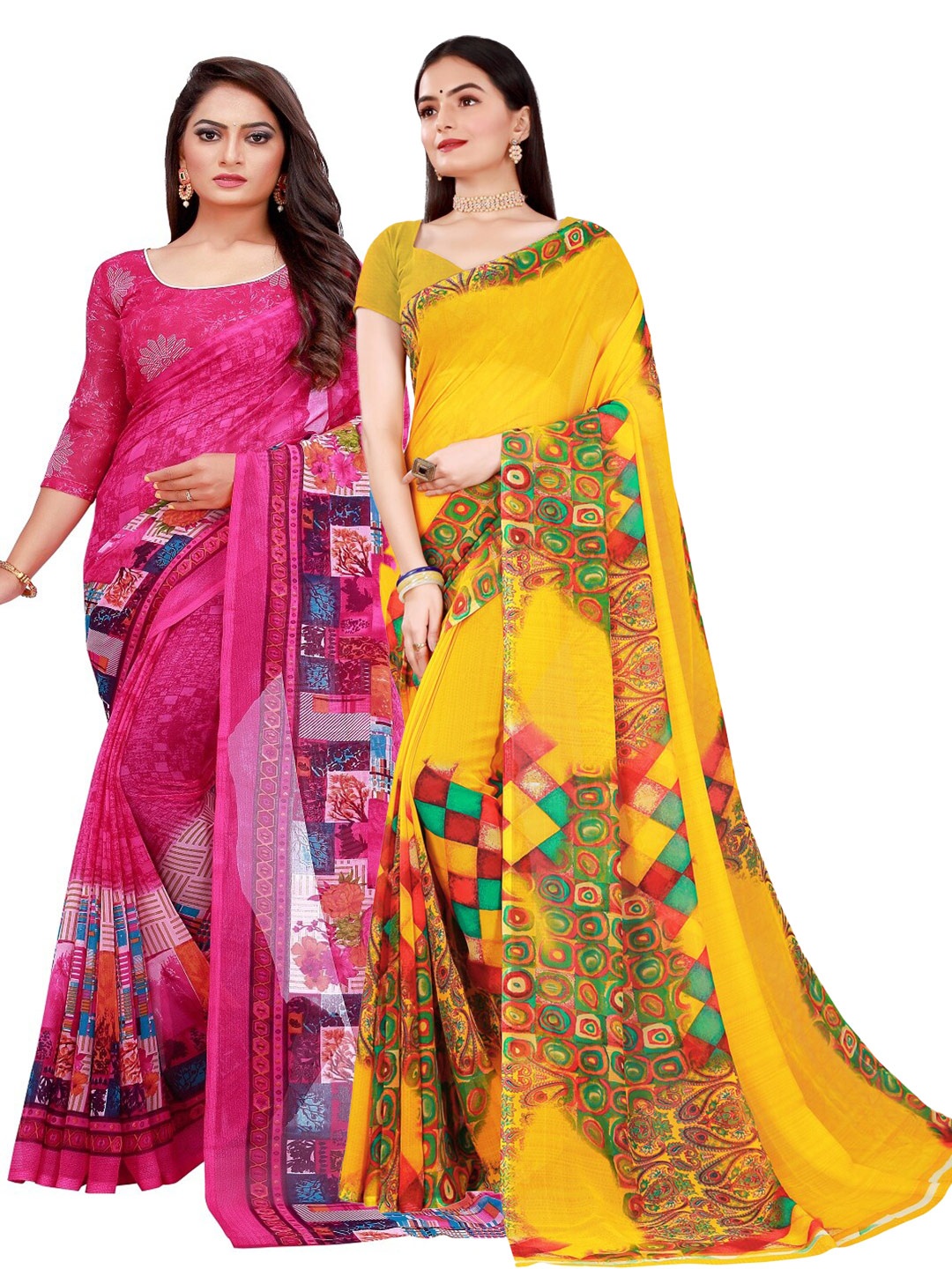 

SAADHVI Magenta & Yellow Set of 2 Printed Georgette Saree