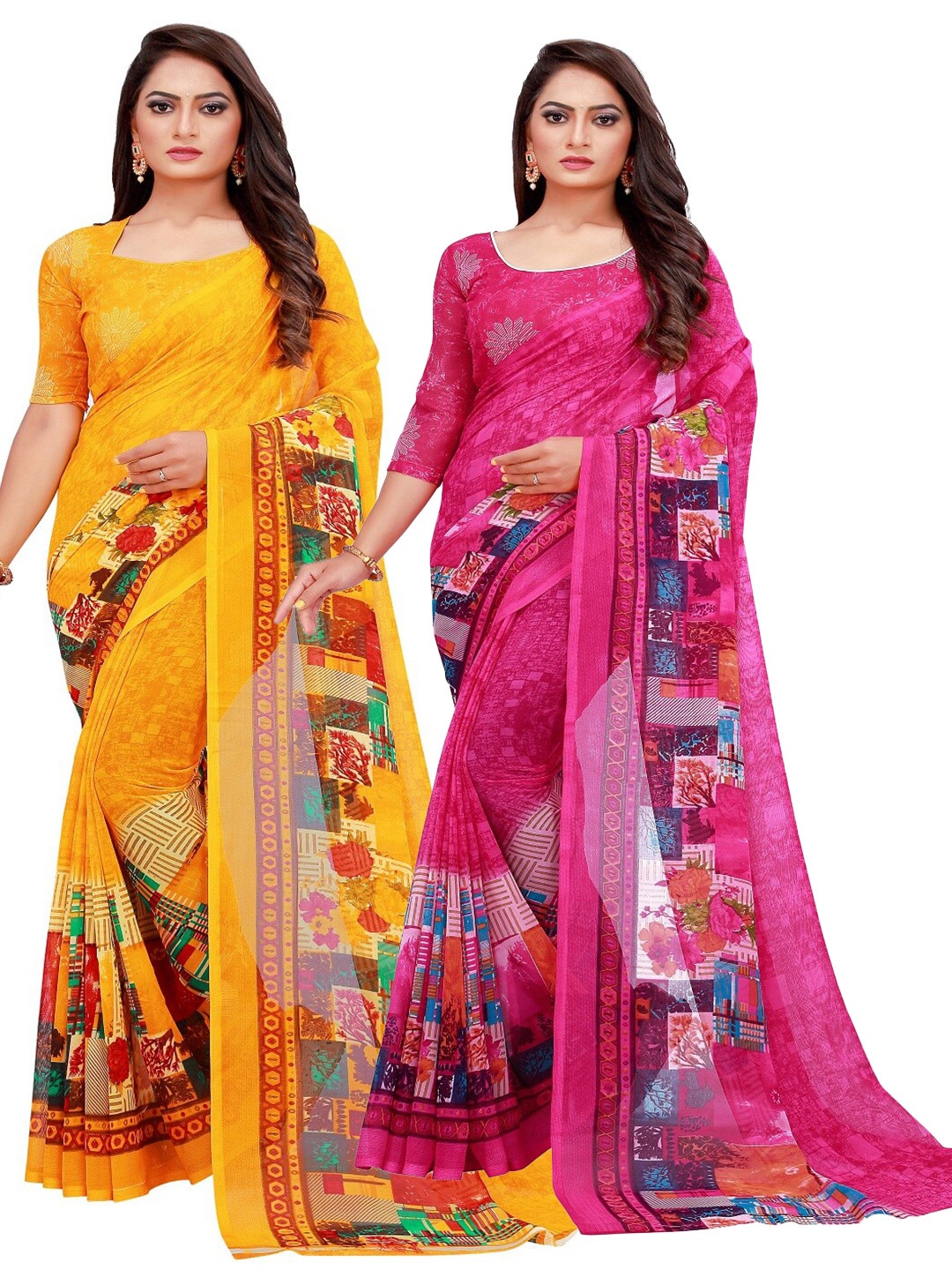 

SAADHVI Magenta & Yellow Printed Pure Georgette Saree Pack Of 2