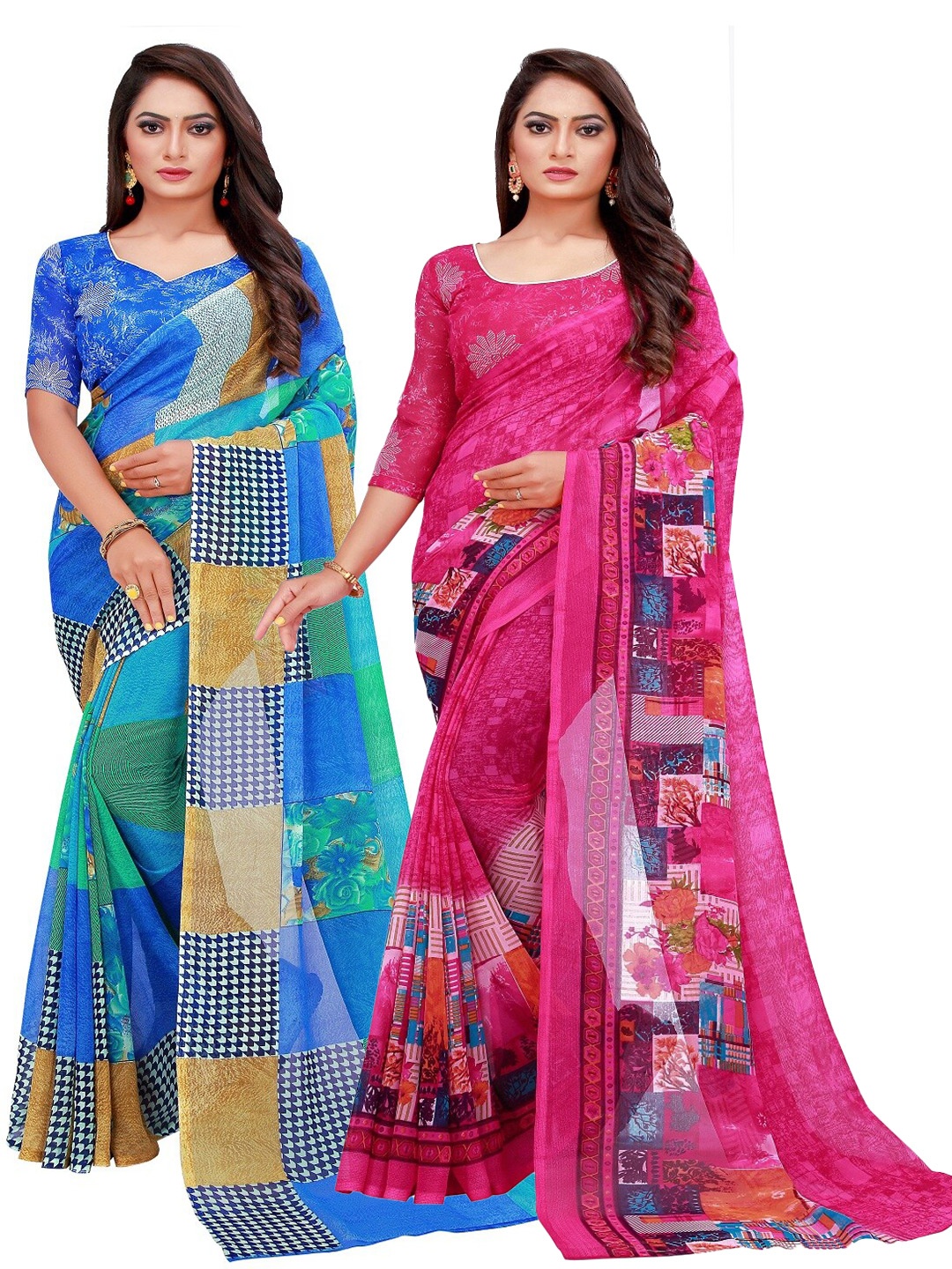 

SAADHVI Blue & Pink Set Of 2 Floral Pure Georgette Saree