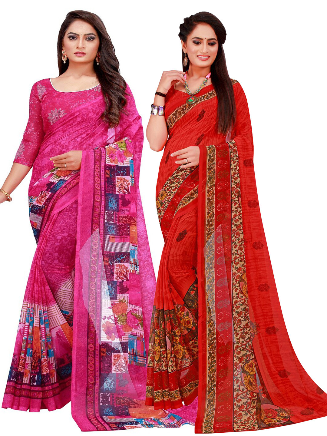 

SAADHVI Magenta & Red Printed Pure Georgette Saree Pack Of 2