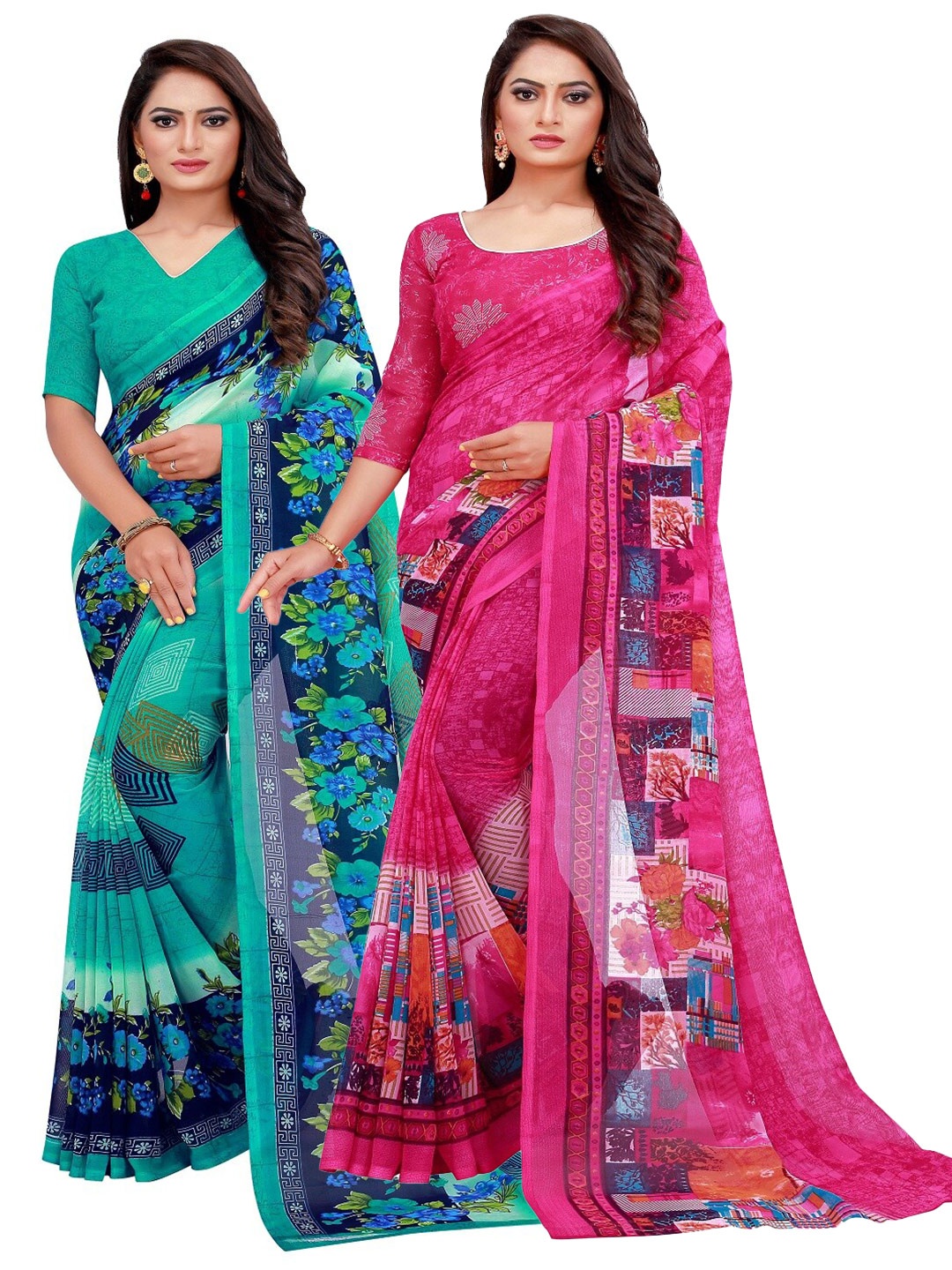 

SAADHVI Turquoise Blue & Magenta Set Of 2 Floral Pure Georgette Saree