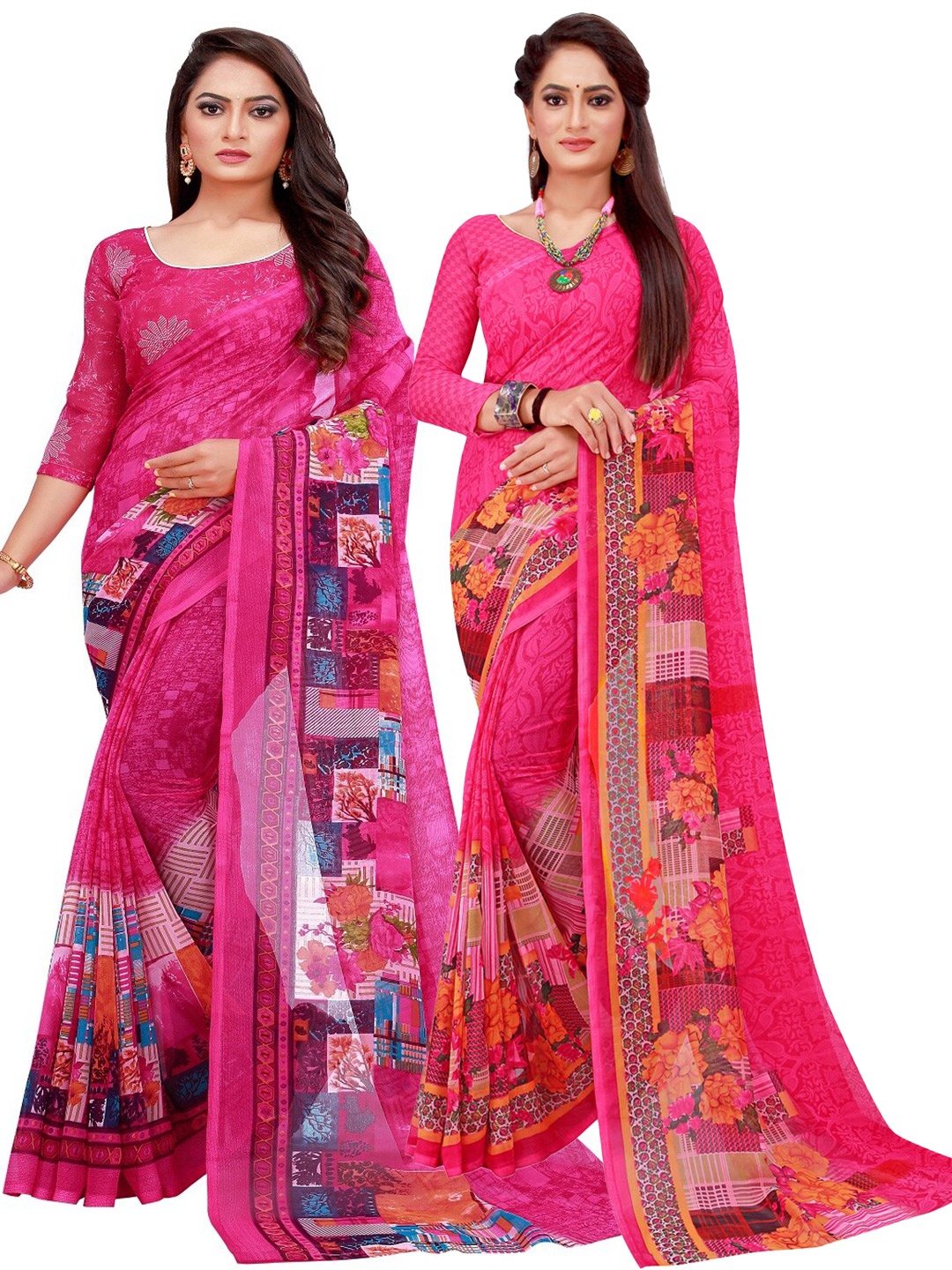 

SAADHVI Pink & Magenta Set of 2 Printed Georgette Saree