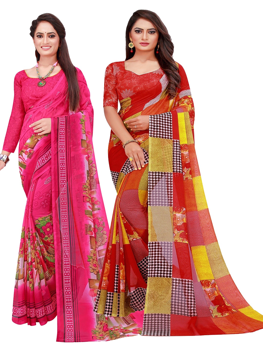 SAADHVI Magenta & Red Printed Pure Georgette Saree Pack Of 2